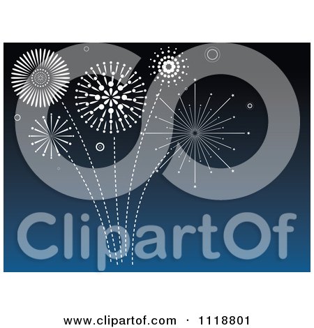 Clipart Of White Fireworks Bursting In A Blue Sky - Royalty Free Vector Illustration by dero