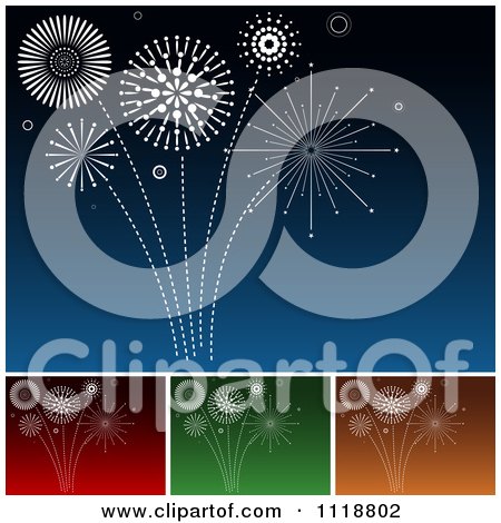 Clipart Of White Fireworks Bursting In Blue Red Green And Orange Skies - Royalty Free Vector Illustration by dero