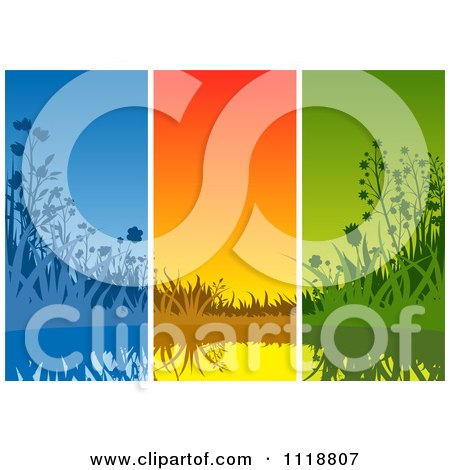 Clipart Of A Background Of Blue Orange And Green Wildflowers And Water Panels - Royalty Free Vector Illustration by dero