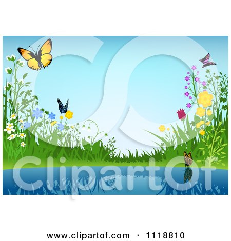 Clipart Of A Background Of Flowers And Butterflies By A Pond - Royalty Free Vector Illustration by dero