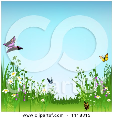 Clipart Of A Background Of Wild Meadow Flowers And Butterflies - Royalty Free Vector Illustration by dero