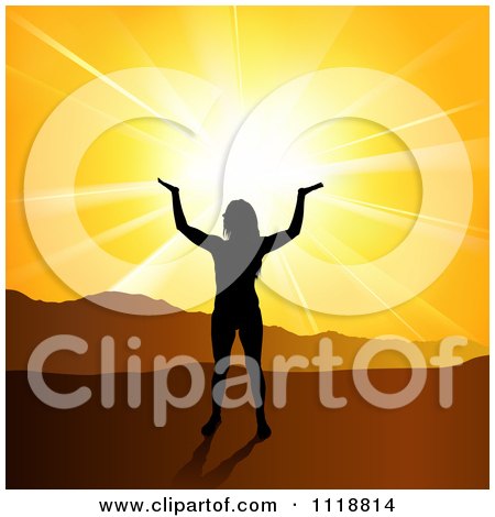 Clipart Of A Silhouetted Spiritual Woman Under An Orange Mountainous Sunset - Royalty Free Vector Illustration by dero