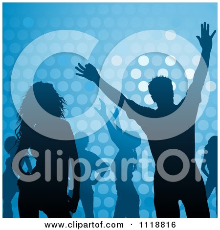 Clipart Of Silhouetted Dancers Over Blue With Dots - Royalty Free Vector Illustration by dero