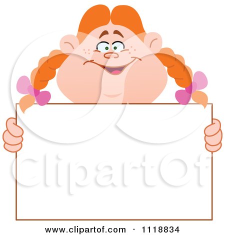 Cartoon Of A Happy Red Haired Girl Holding A Sign - Royalty Free Vector Clipart by yayayoyo