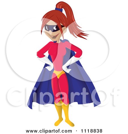 Cartoon Of A Happy Super Woman In A Blue Cape And Red Suit - Royalty Free Vector Clipart by Paulo Resende