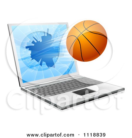 Clipart Of A Basketball Crashing Through A 3d Laptop Screen - Royalty Free Vector Illustration by AtStockIllustration