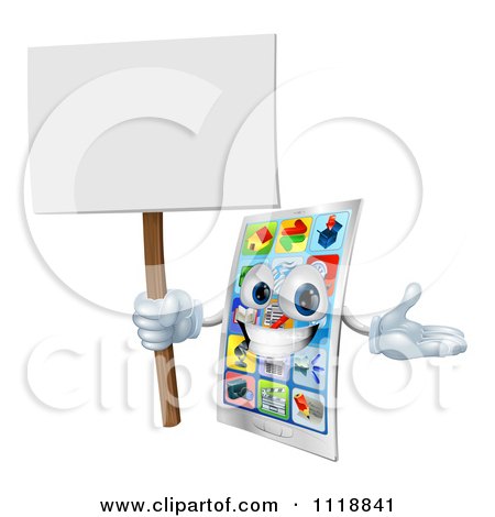 Clipart Of A Happy Touch Screen Cell Phone Holding A Sign - Royalty Free Vector Illustration by AtStockIllustration