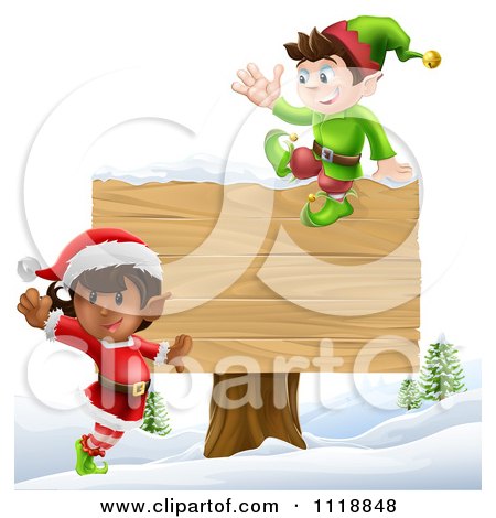Clipart Of Happy Christmas Elves Jumping By And Sitting On A Sign - Royalty Free Vector Illustration by AtStockIllustration