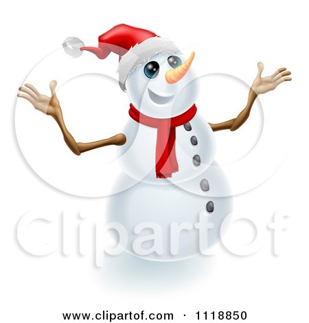 Clipart Of A Jolly Christmas Snowman Holding Up His Arms - Royalty Free Vector Illustration by AtStockIllustration