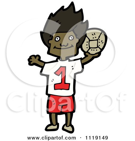 Vector Cartoon Of A Black Soccer Player Boy Holding Up A Ball - Royalty Free Clipart Graphic by lineartestpilot