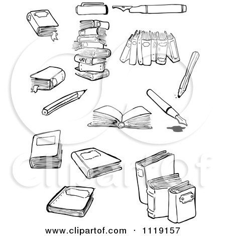 School Cartoon Of A Black And White Books And Writing Utensils - Royalty Free Vector Clipart by lineartestpilot