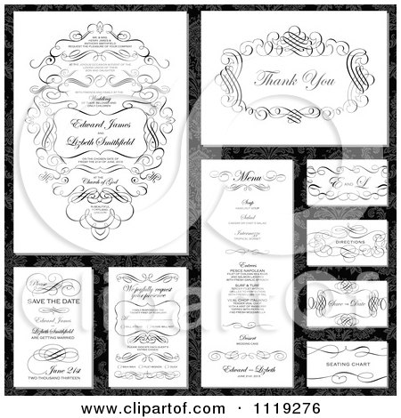 Clipart Of Ornate Black Swirl Frame Designs With Sample Text On Damask - Royalty Free Vector Illustration by BestVector