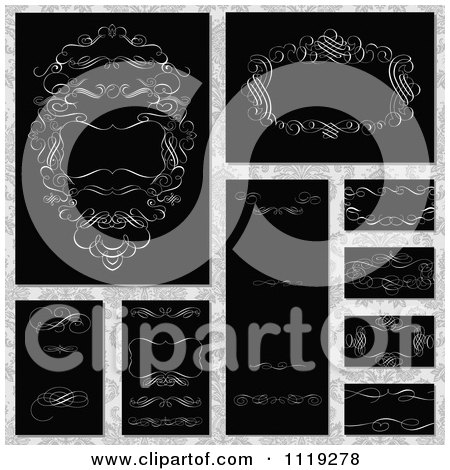 Clipart Of White Ornate Swirl Invitation Designs On Black - Royalty Free Vector Illustration by BestVector
