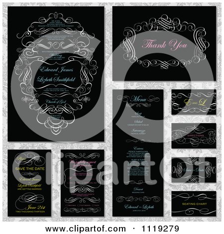 Clipart Of White Ornate Swirl Invitation Designs With Neon Sample Text On Black - Royalty Free Vector Illustration by BestVector