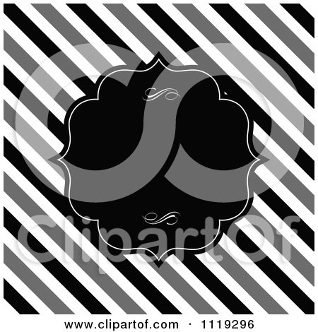 Clipart Of A Black Frame With Swirls Over Diagonal Black White And Gray Stripes - Royalty Free Vector Illustration by BestVector