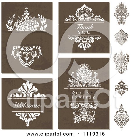 Clipart Of Brown Distressed Backgrounds And Damask Designs - Royalty Free Vector Illustration by BestVector