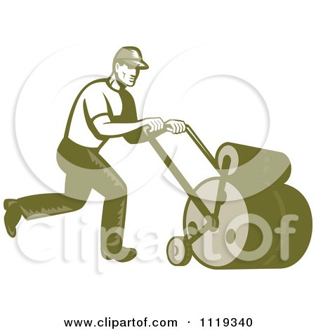 Clipart Of A Retro Gardener Or Landscaper Worker Using A Lawn Roller - Royalty Free Vector Illustration by patrimonio