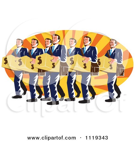 Clipart Of Retro Businsesmen Bankers Carrying Dollar Boxes Over Rays - Royalty Free Vector Illustration by patrimonio
