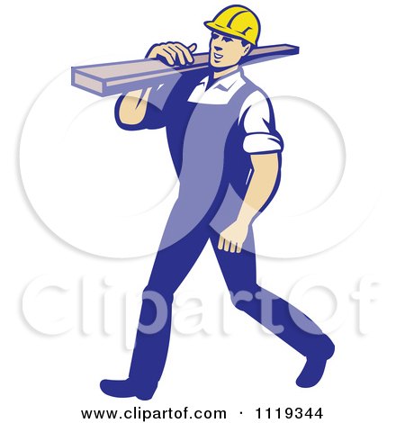 Clipart Cartoon Of A Retro Walking Carpenter Worker Carrying Lumber On His Shoulder - Royalty Free Vector Illustration by patrimonio