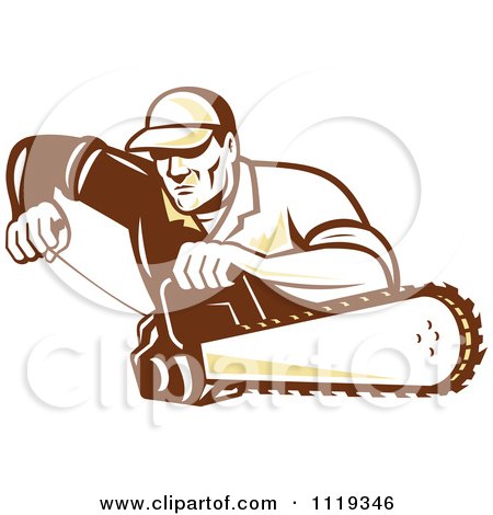 Clipart Of A Retro Arborist Tree Surgeon Or Lumberjack Starting Up A Chainsaw - Royalty Free Vector Illustration by patrimonio