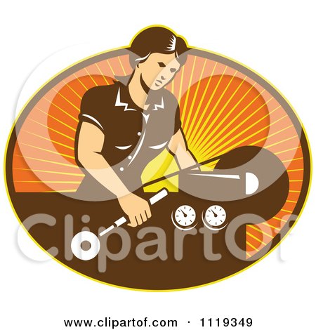 Clipart Of A Retro Woman Operating A Lathe Machine Over Rays - Royalty Free Vector Illustration by patrimonio