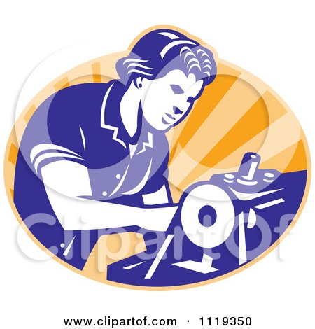 Clipart Of A Retro Seamstress Operating A Machine Over Orange Rays - Royalty Free Vector Illustration by patrimonio