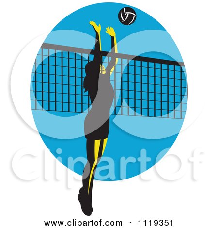 Clipart Of A Retro Female Volleyball Player Spiking Over A Net On Blue - Royalty Free Vector Illustration by patrimonio