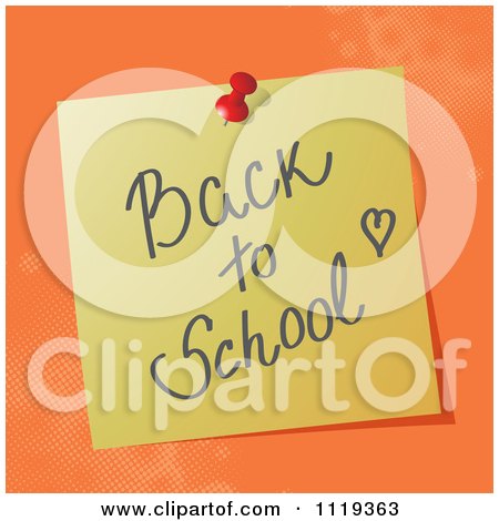 Cartoon Of A Handwritten Back To SchoolMessage On A Pinned Note  - Royalty Free Vector Clipart by MilsiArt