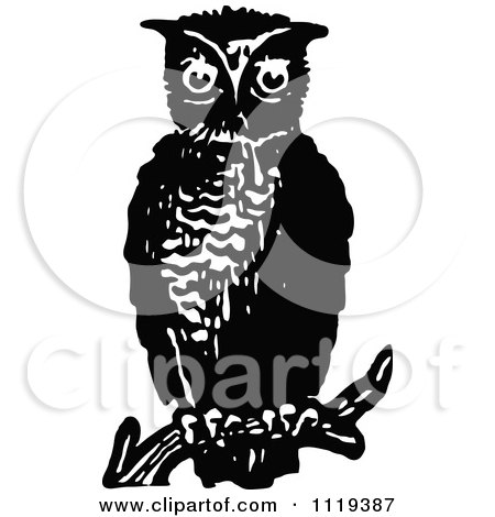Clipart Of A Retro Vintage Black And White Perched Owl 2 - Royalty Free Vector Illustration by Prawny Vintage