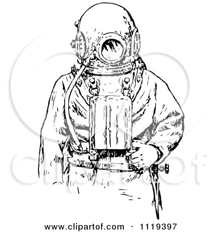 Clipart Of A Retro Vintage Black And White Deep Sea Diver Suit 2 - Royalty Free Vector Illustration by Prawny Vintage