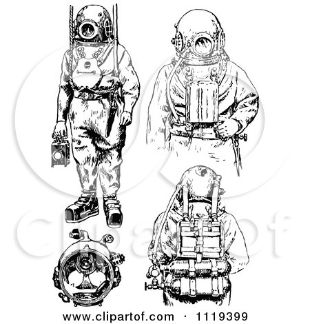 Clipart Of Retro Vintage Black And White Deep Sea Diver Suits - Royalty Free Vector Illustration by Prawny Vintage