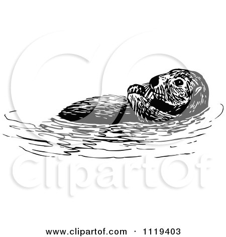 Clipart Of A Retro Vintage Black And White Swimming Otter - Royalty Free Vector Illustration by Prawny Vintage