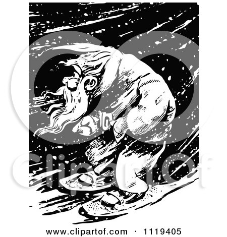 Clipart Of A Retro Vintage Black And White Man Snowshoeing Through A Winter Night - Royalty Free Vector Illustration by Prawny Vintage