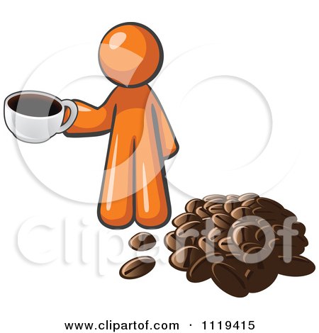 Cartoon Of An Orange Man With A Cup Of Coffee Over A Pile Of Beans - Royalty Free Vector Clipart by Leo Blanchette