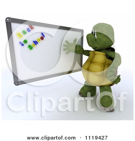 Clipart Of A 3d Tortoise Teacher Presenting Back To To School Magnets On A White Board - Royalty Free CGI Illustration by KJ Pargeter
