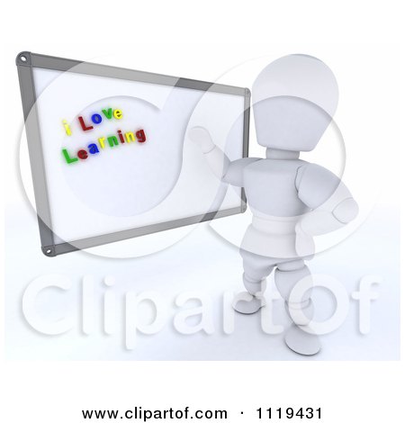 Clipart Of A 3d White Character Teacher With I Love Learning Magnets On A White Board - Royalty Free CGI Illustration by KJ Pargeter