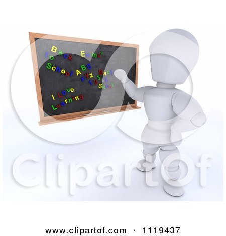 Clipart Of A 3d White Character Teacher Writing Magnet Sentences On A Black Board - Royalty Free CGI Illustration by KJ Pargeter