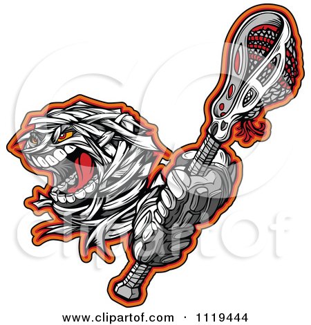 Clipart Of A Halloween Mummy Lacrosse Ball Mascot Holding A Stick - Royalty Free Vector Illustration by Chromaco