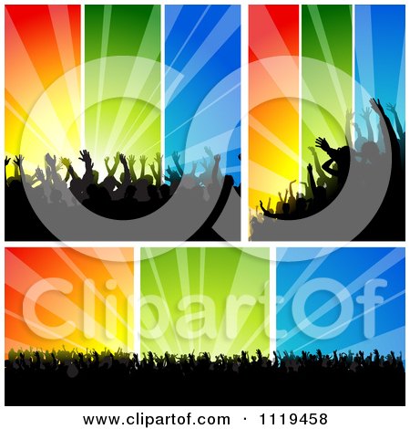 Clipart Of Silhouetted Crowds At Concerts Or Dances Over Colorful Rays - Royalty Free Vector Illustration by dero