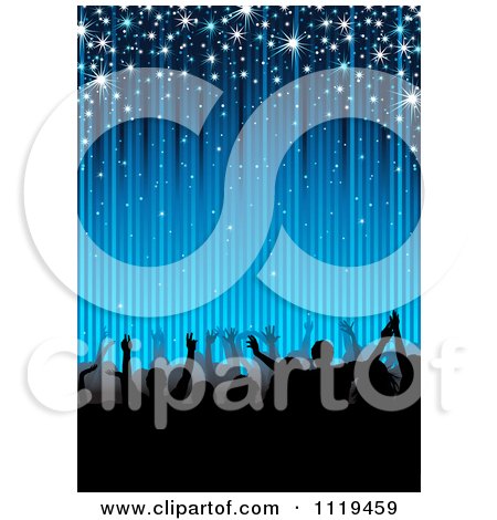 Clipart Of A Silhouetted Dancing Party Crowd Under Blue Rays And Sparkles - Royalty Free Vector Illustration by dero