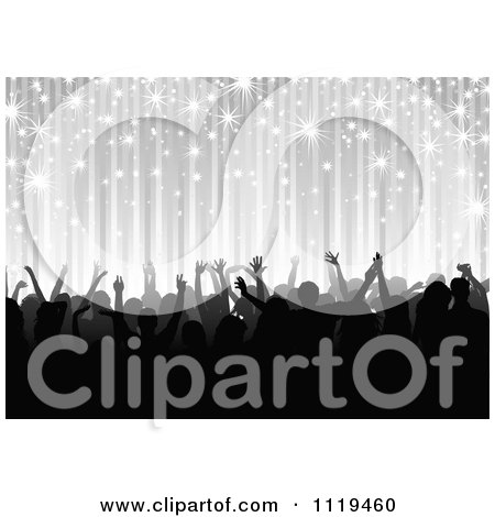 Clipart Of A Silhouetted Dancing Party Crowd Under Silver Rays And Sparkles - Royalty Free Vector Illustration by dero