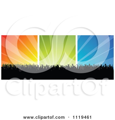 Clipart Of A Silhouetted Crowd At A Concert Or Dance Over Colorful Rays 3 - Royalty Free Vector Illustration by dero