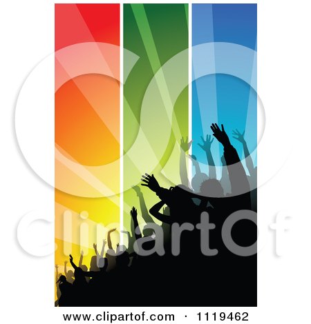 Clipart Of A Silhouetted Crowd At A Concert Or Dance Over Colorful Rays 2 - Royalty Free Vector Illustration by dero