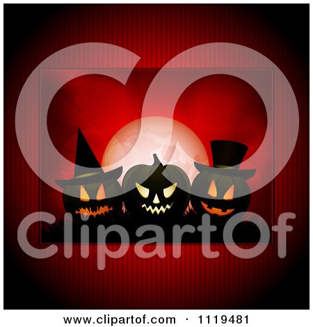 Clipart Of A Red Halloween Background With Jackolanterns And Full Moon - Royalty Free Vector Illustration by elaineitalia