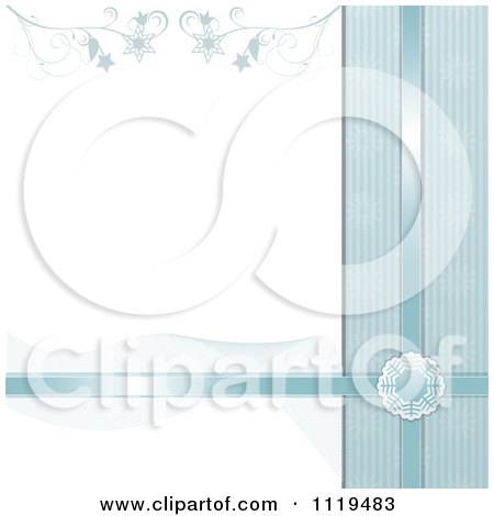 Clipart Of A Blue Christmas Background With Satin Ribbons A Snowflake Wave And Flourish - Royalty Free Vector Illustration by elaineitalia