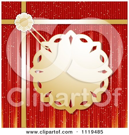 Clipart Of A Golden Snowflake Gift Tag With Ribbons On Red - Royalty Free Vector Illustration by elaineitalia