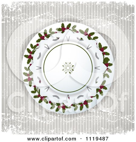 Clipart Of A Christmas Background Of Holly In A Circle On Snowflakes And Stripes - Royalty Free Vector Illustration by elaineitalia