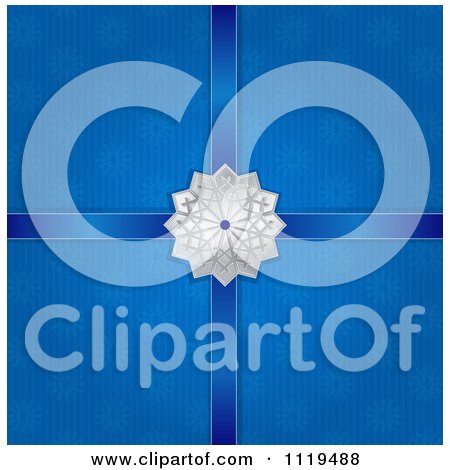 Clipart Of A Silver Christmas Snowflake Star With Ribbons On Blue - Royalty Free Vector Illustration by elaineitalia