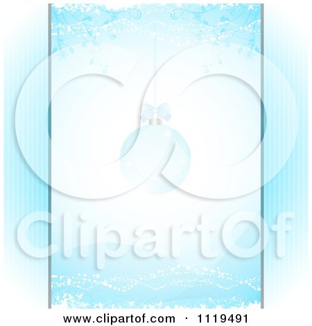 Clipart Of A Blue Christmas Background With A Bauble And Borders - Royalty Free Vector Illustration by elaineitalia