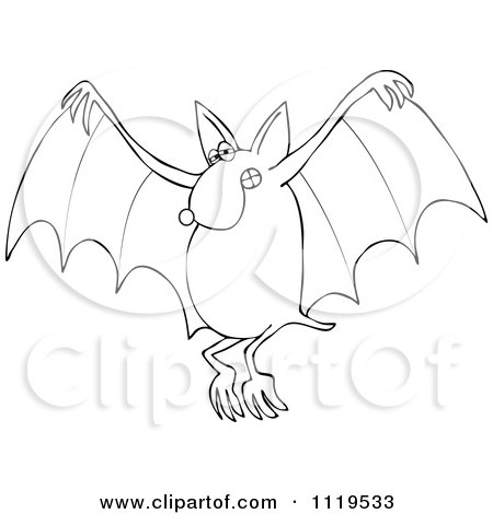 Cartoon Of An Outlined Flying Dog Bat - Royalty Free Vector Clipart by djart